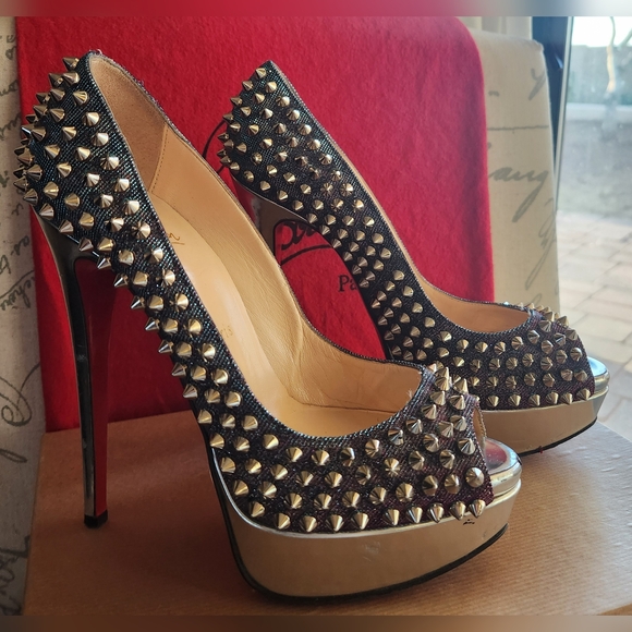CHRISTIAN LOUBOUTIN Metallic Lame Lady Peep Spike Platform Pumps Size 37 - Picture 8 of 16